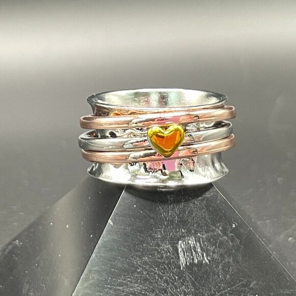 Boho Spinner Ring Tri-Color Floating Heart and Bands #1356 - Picture 5 of 12